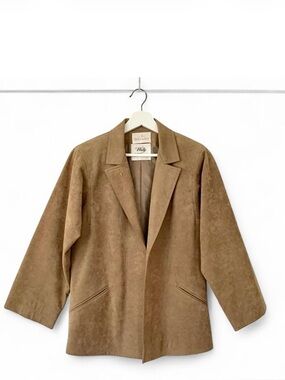 1960s 1970s faux suede tan blazer by Abe Schrader with golden cross pin
